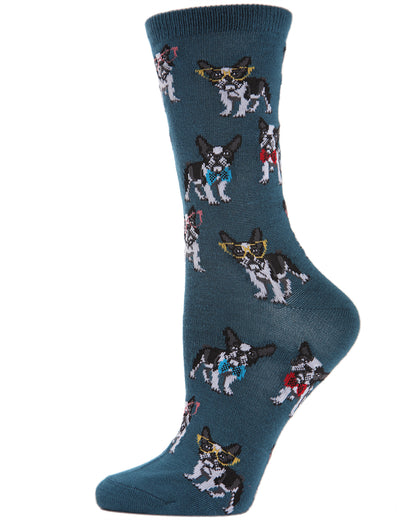 French Bulldogs Bowtie Bamboo Blend Crew Socks : Color: Legion Blue
