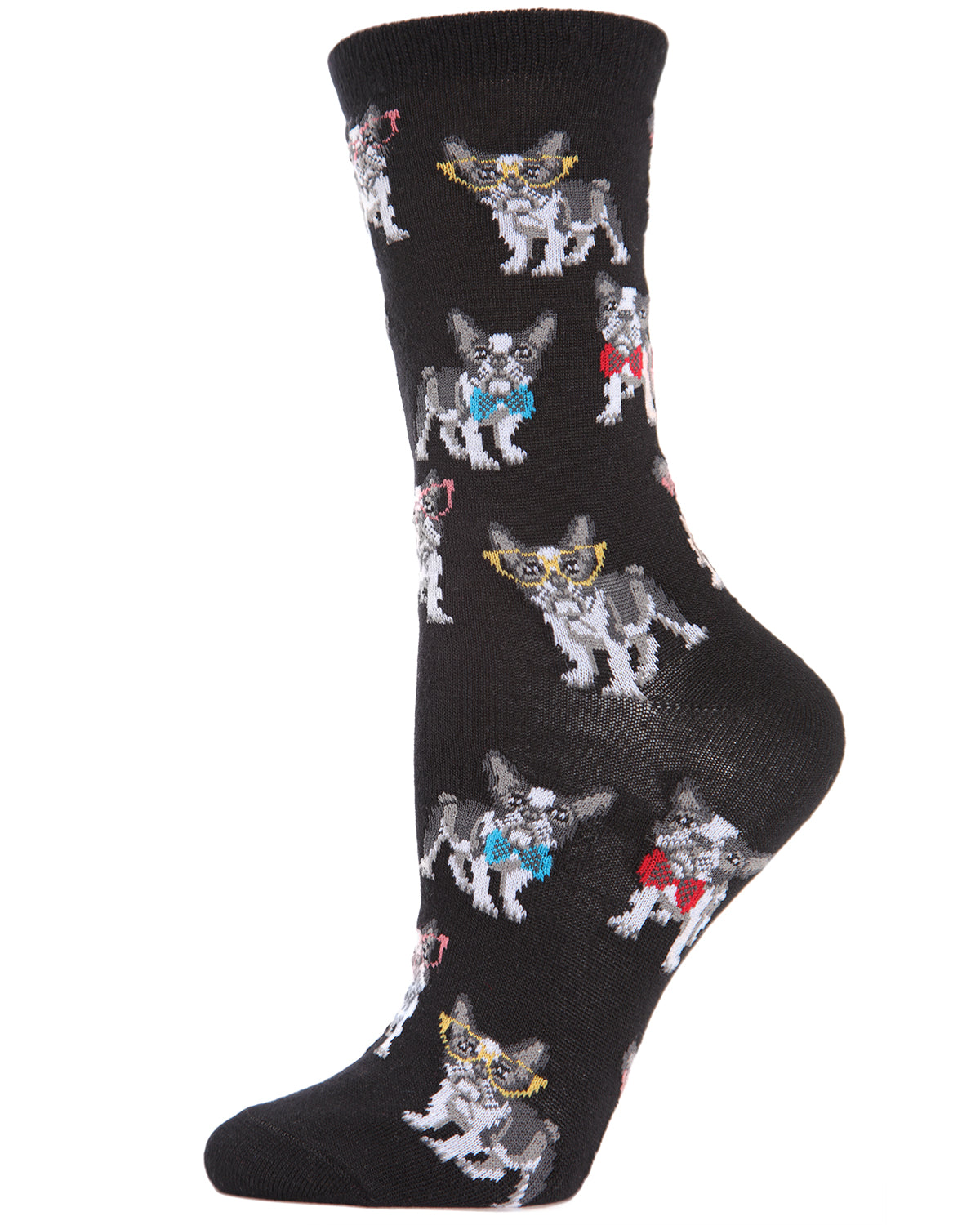 French Bulldogs Bowtie Bamboo Blend Crew Socks : Color: Black