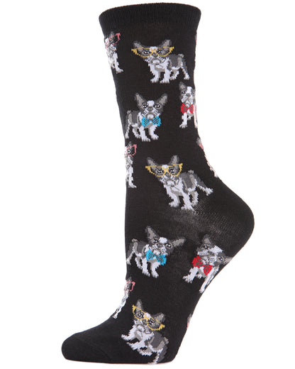 French Bulldogs Bowtie Bamboo Blend Crew Socks : Color: Black