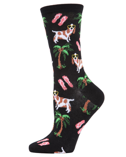 Tropical Spaniel Bamboo Blend Crew Socks : Color: Black
