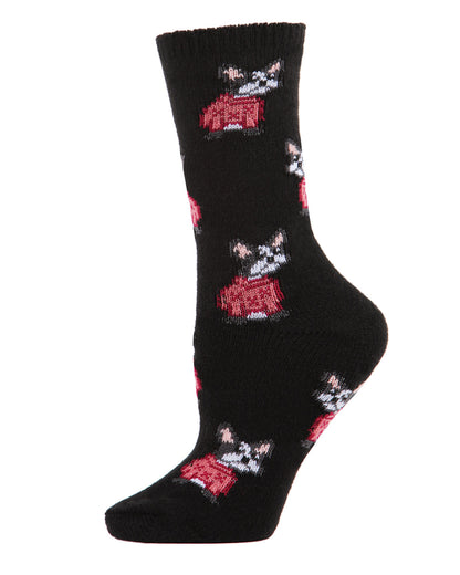 Women's Cozy Sweater Dog Novelty Boot Socks : Color: Black