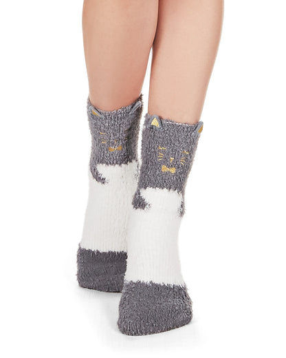 Cute Cat Critter Plush Non-Skid Crew Socks : Color: Gray