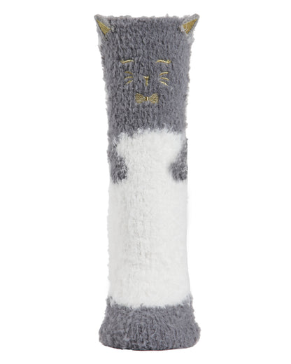 Cute Cat Critter Plush Non-Skid Crew Socks : Color: Gray