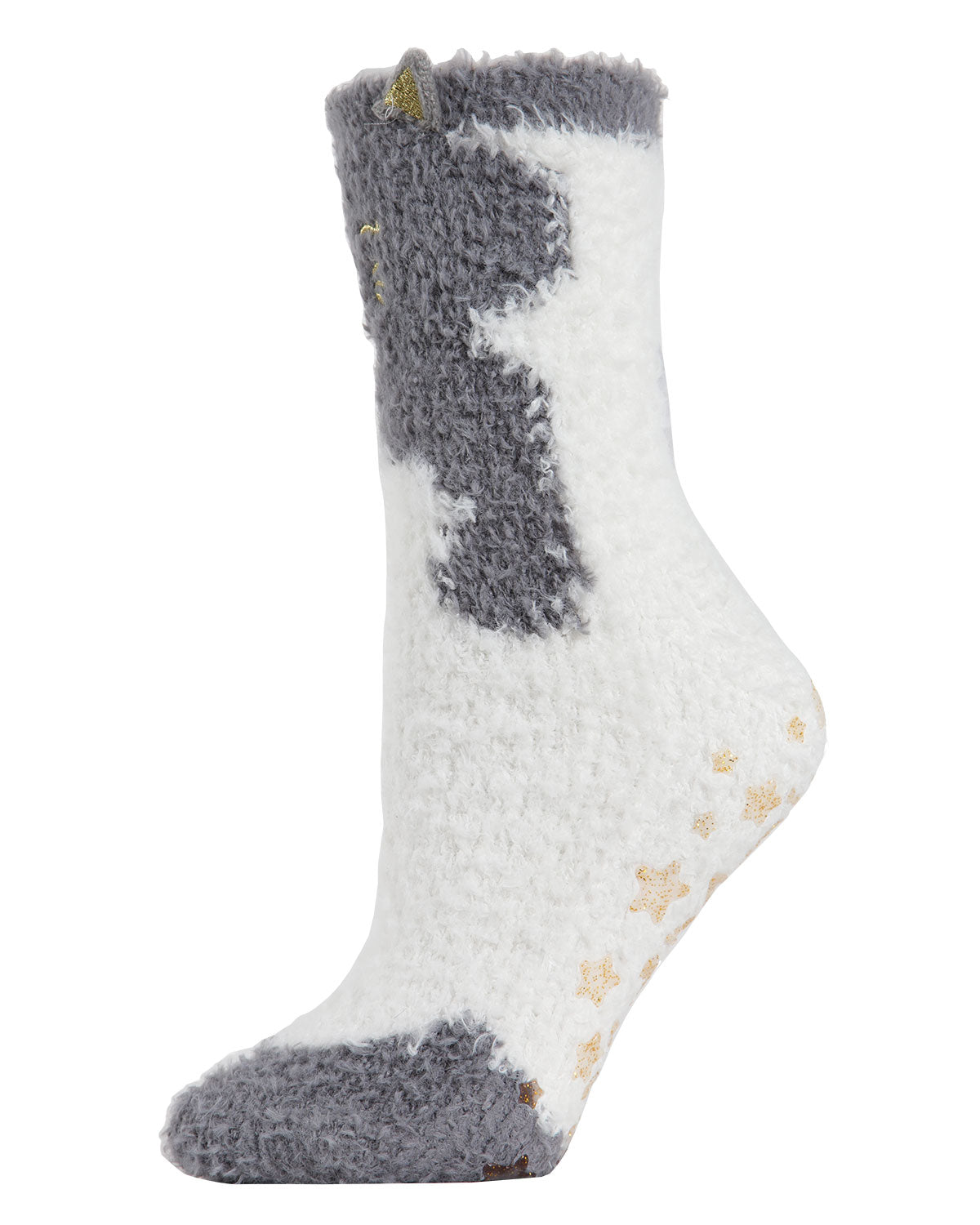 Cute Cat Critter Plush Non-Skid Crew Socks : Color: Gray