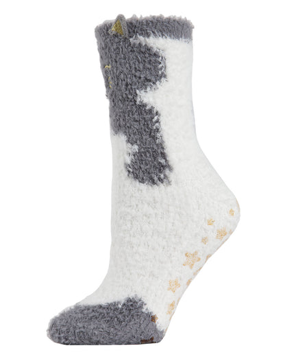 Cute Cat Critter Plush Non-Skid Crew Socks : Color: Gray