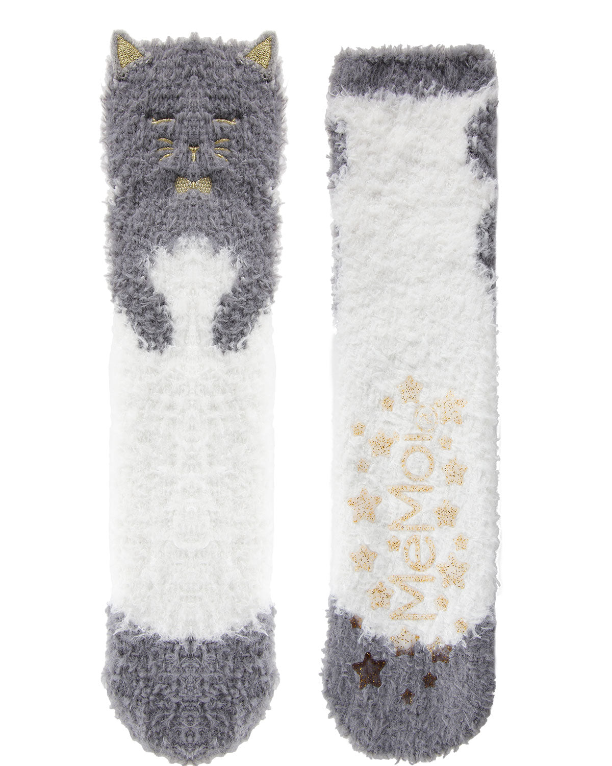 Cute Cat Critter Plush Non-Skid Crew Socks : Color: Gray