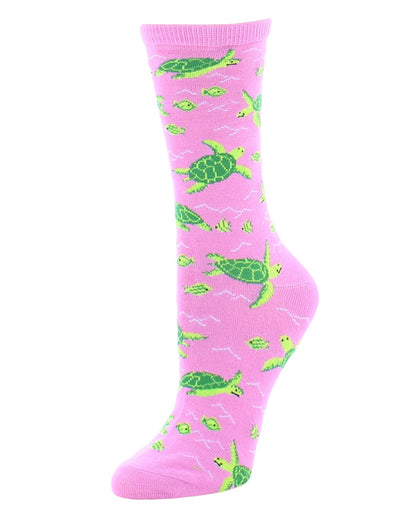 Turtle Time Bamboo Blend Crew Socks : Color: Fuchsia Pink