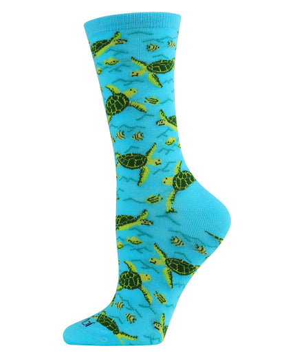 Turtle Time Bamboo Blend Crew Socks : Color: Turquoise