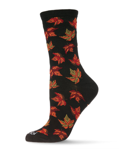 Women's Autumn Falling Leaves Bamboo Blend Crew Socks : Color: Black