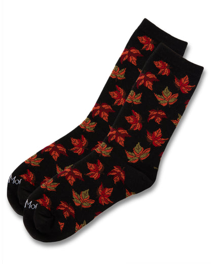 Women's Autumn Falling Leaves Bamboo Blend Crew Socks : Color: Black