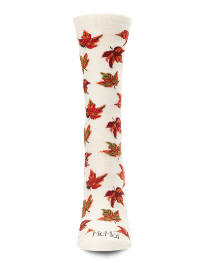 Women's Autumn Falling Leaves Bamboo Blend Crew Socks : Color: Winter White