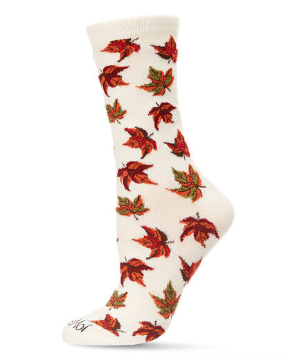 Women's Autumn Falling Leaves Bamboo Blend Crew Socks : Color: Winter White