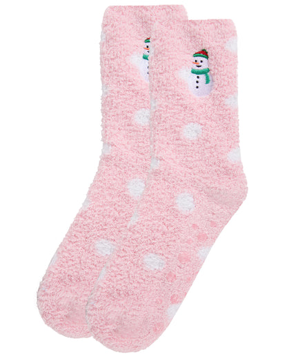 Women's Polka-Dot Snowman Embroidered Cozy Non-Slip Socks : Color: Pink