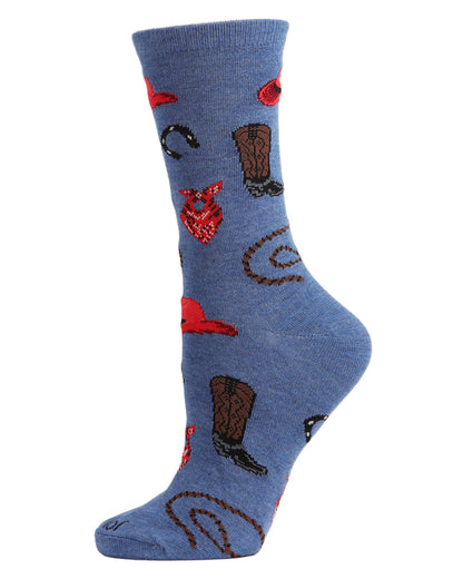 Western Theme Bamboo Blend Crew Socks : Color: Denim Heather