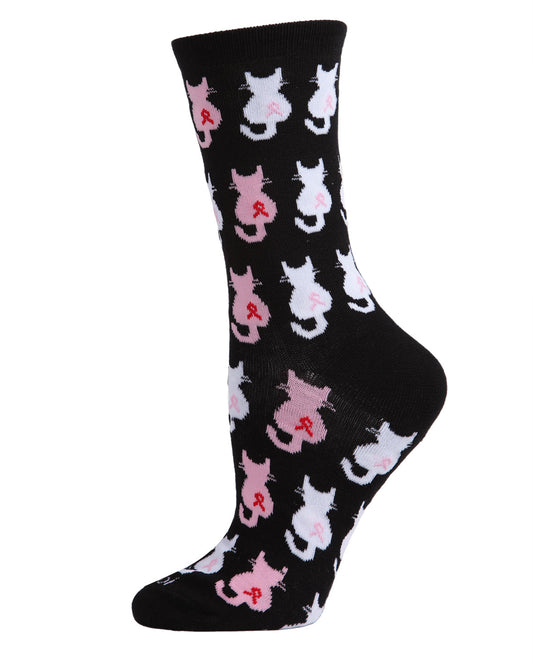 Pink Cat Ribbon Breast Cancer Awareness Bamboo Blend Socks : Color: Black