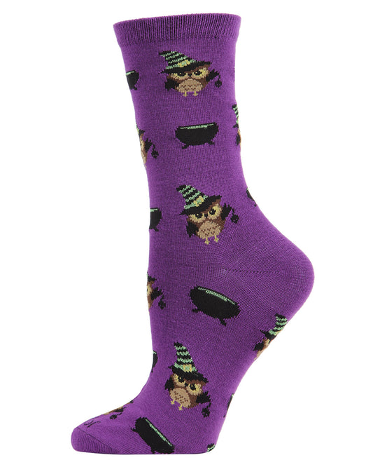 Women's Witchy Owl Festive Crew Socks : Color: Imperial Purple