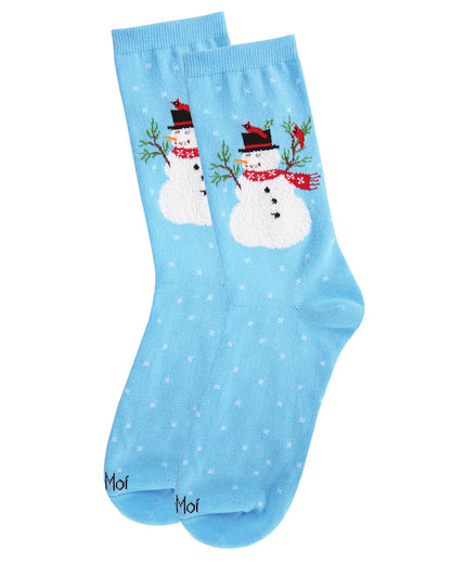 Women's Polka Dot Snowman Festive Crew Socks : Color: Blue