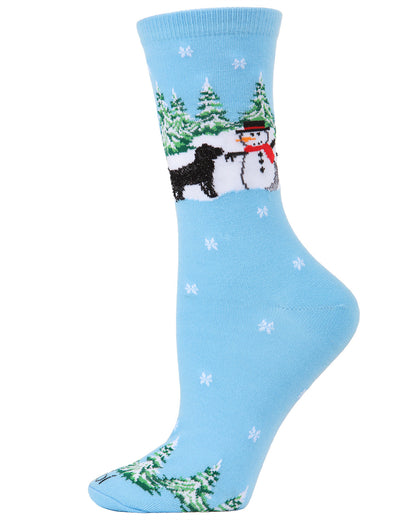 Women's Dog & Snowman Holiday Crew Socks : Color: Blue