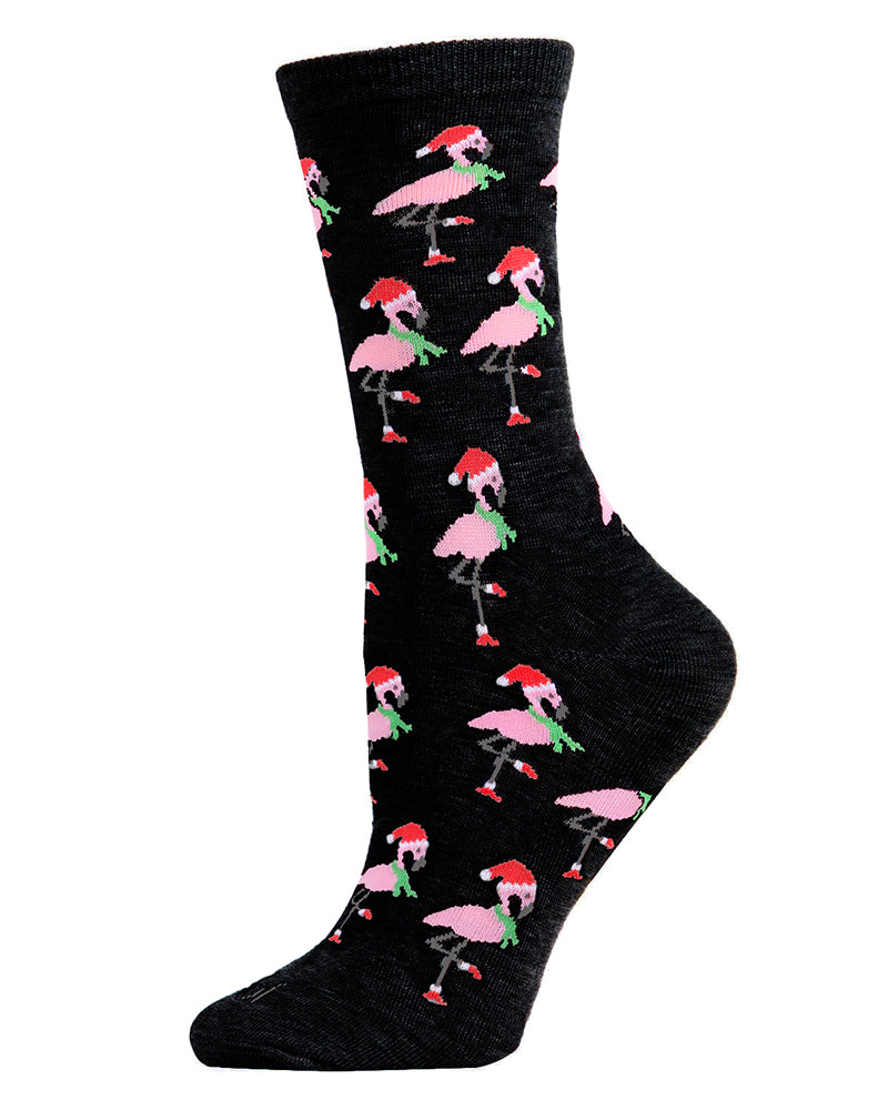 Women's Festive Flamingo Holiday Crew Socks : Color: Black