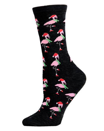 Women's Festive Flamingo Holiday Crew Socks : Color: Black
