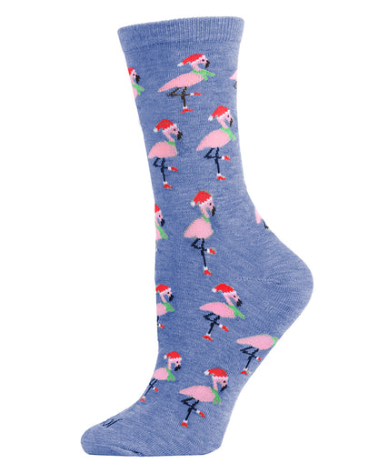 Women's Festive Flamingo Holiday Crew Socks : Color: Denim Heather