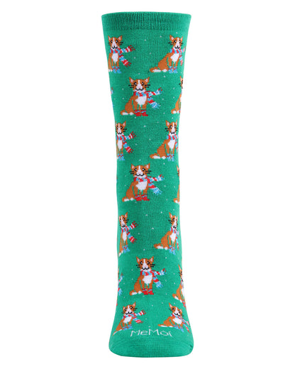 Women's Cozy Cat Holiday Crew Socks : Color: Green
