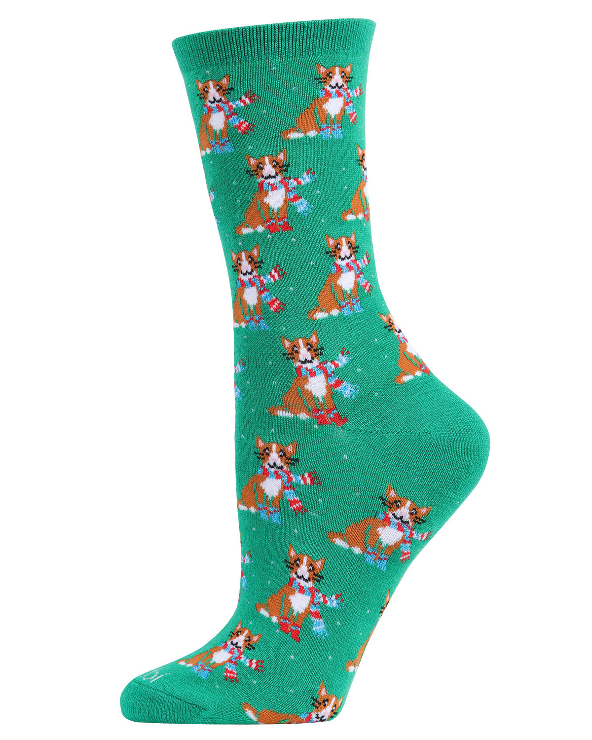 Women's Cozy Cat Holiday Crew Socks : Color: Green