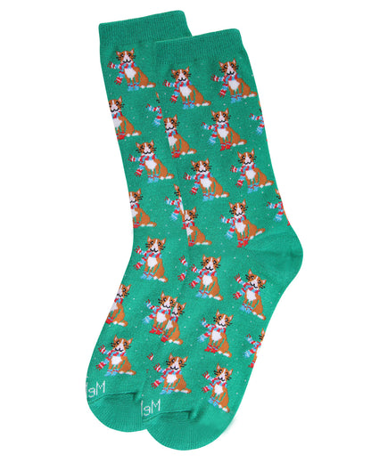 Women's Cozy Cat Holiday Crew Socks : Color: Green
