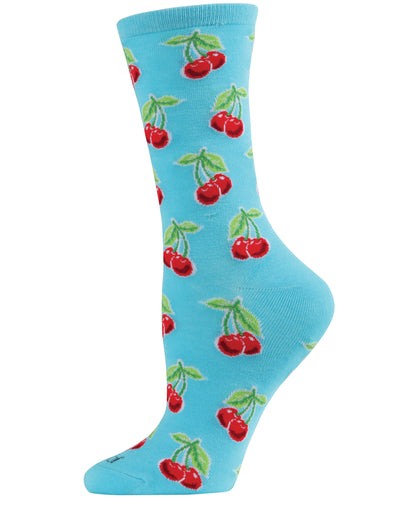 Cherries Bamboo Blend Crew Socks : Color: Turquoise