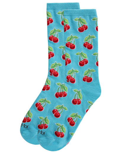 Cherries Bamboo Blend Crew Socks : Color: Turquoise