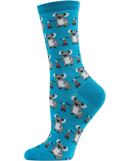 Camping Koalas Bamboo Blend Crew Socks : Color: Deep Lagoon