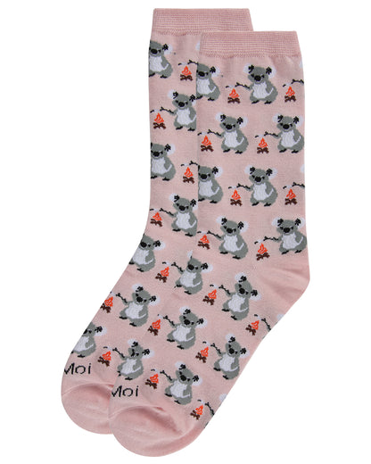 Camping Koalas Bamboo Blend Crew Socks : Color: Soft Pink