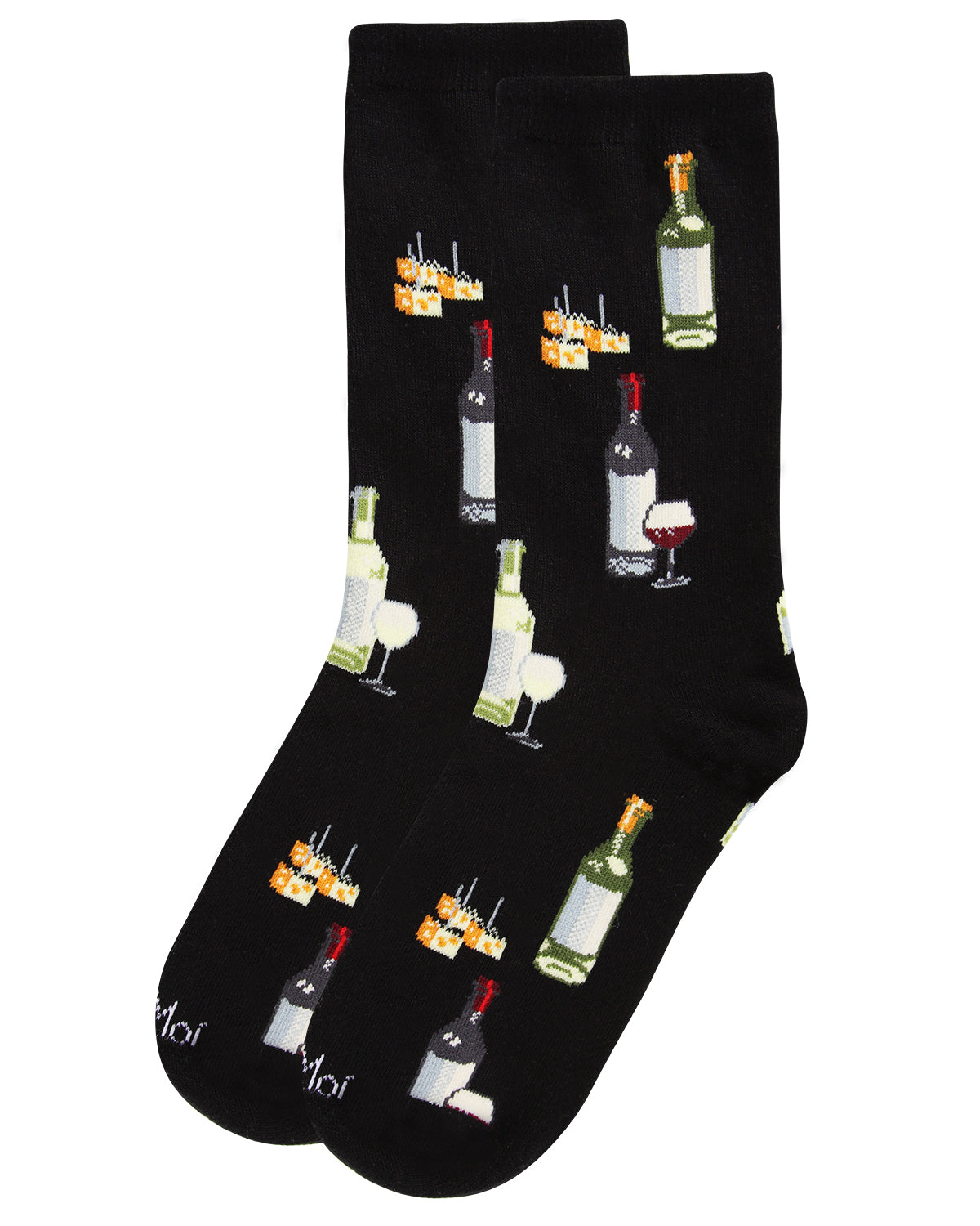Wine and Cheese Bamboo Blend Crew Socks : Color: Black