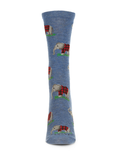 Elephants in Plaid Bamboo Blend Crew Sock : Color: Med Denim Heather
