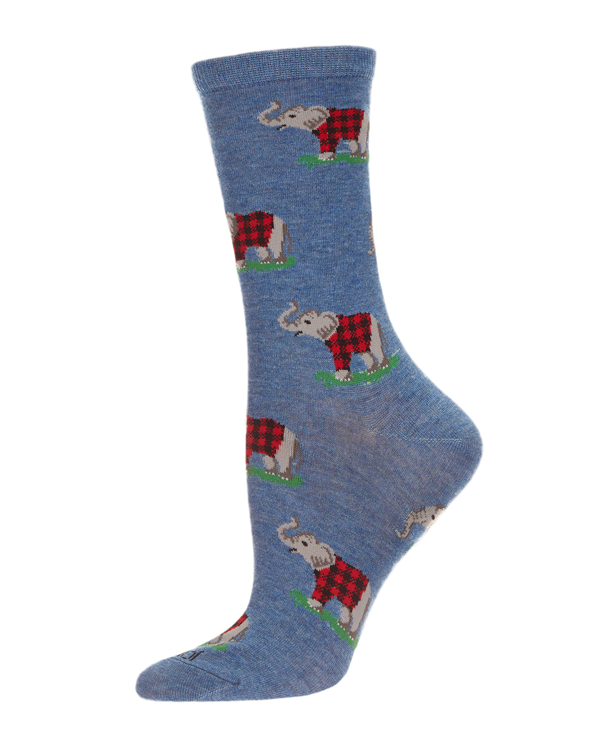 Elephants in Plaid Bamboo Blend Crew Sock : Color: Med Denim Heather