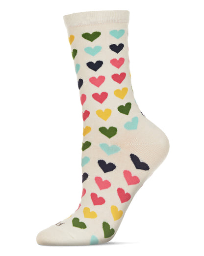 Multicolored Hearts Bamboo Blend Crew Sock : Color: Marshmallow