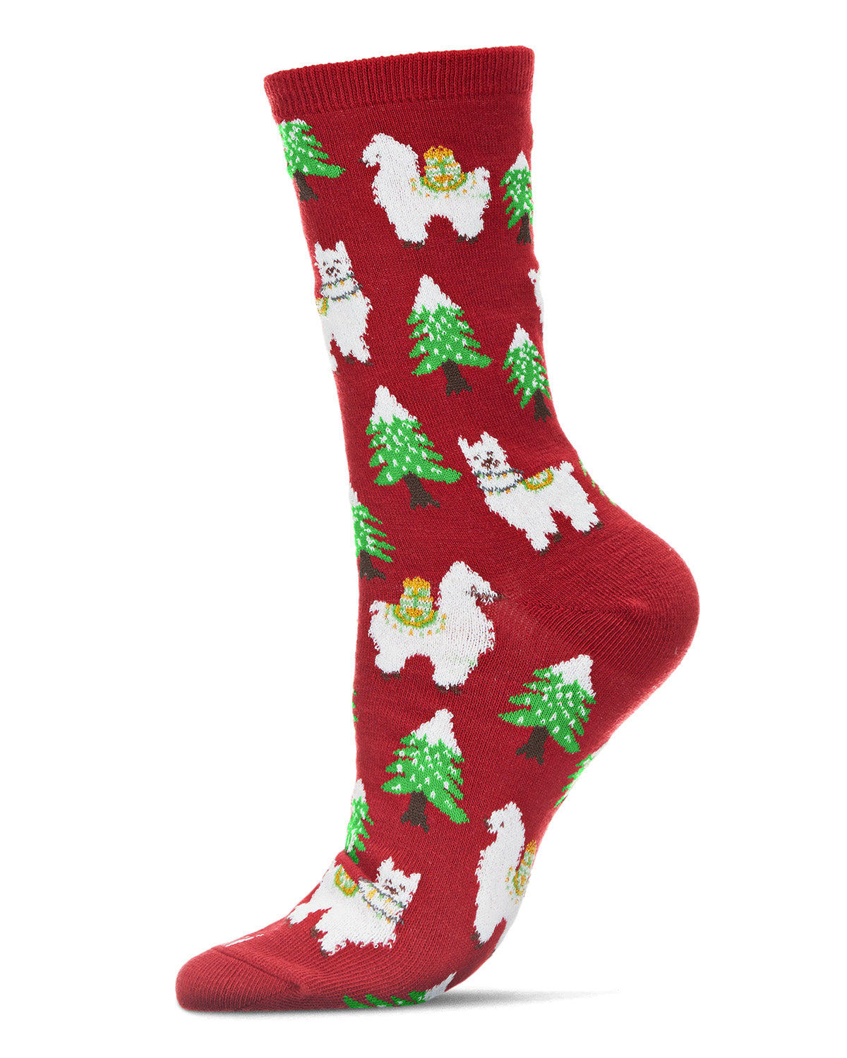 Women's Llama Trees Christmas Crew Socks : Color: Red