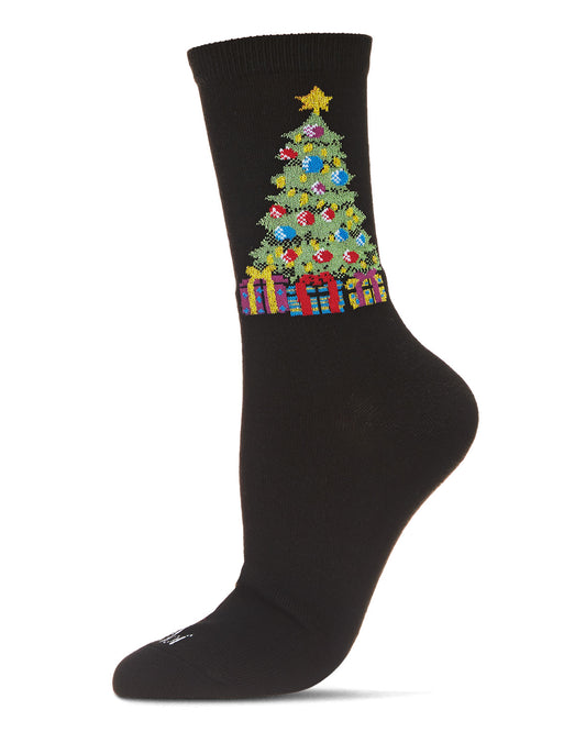Women's Christmas Tree & Presents Holiday Crew Socks : Color: Black
