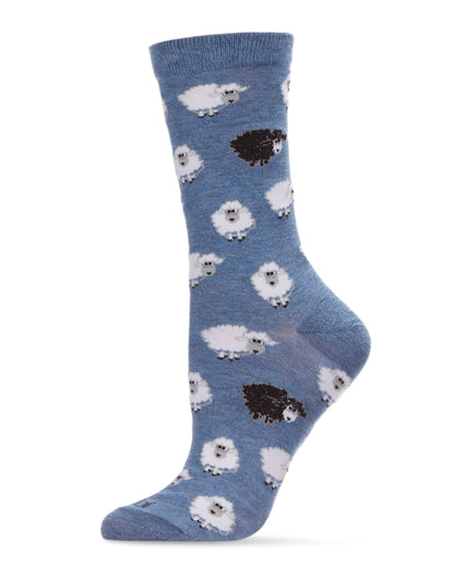 Women's Bah Bah Black & White Sheep Bamboo Blend Crew Socks : Color: Denim Heather