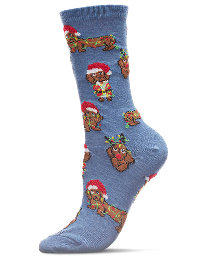Women's Lit Dachshund Christmas Crew Socks : Color: Denim Heather