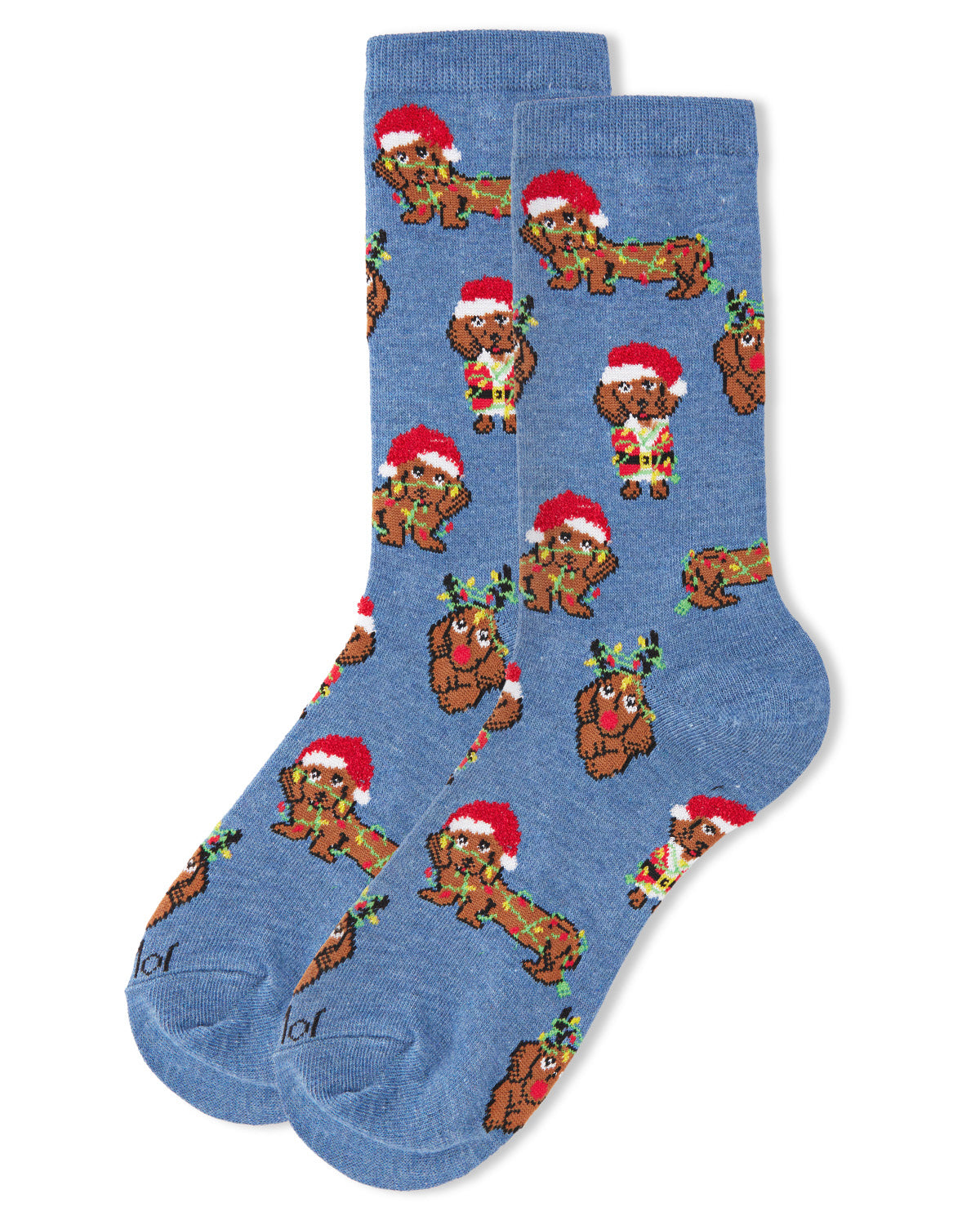 Women's Lit Dachshund Christmas Crew Socks : Color: Denim Heather