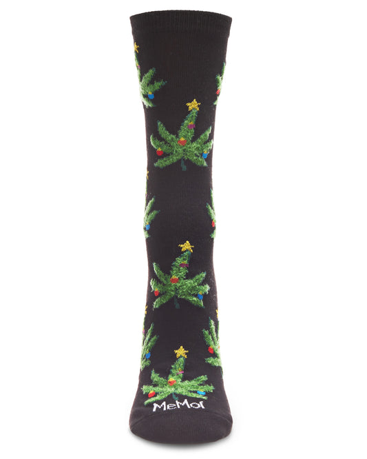 Women's Pot Leaf Christmas Trees Holiday Crew Socks : Color: Black
