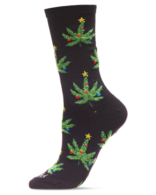 Women's Pot Leaf Christmas Trees Holiday Crew Socks : Color: Black