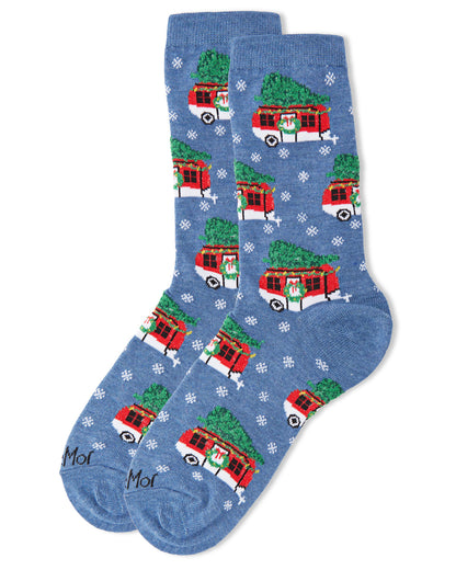 Women's Festive Campers Holiday Crew Socks : Color: Denim Heather