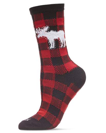 Buffalo Plaid Moose Holiday Crew Socks : Color: Black-Red