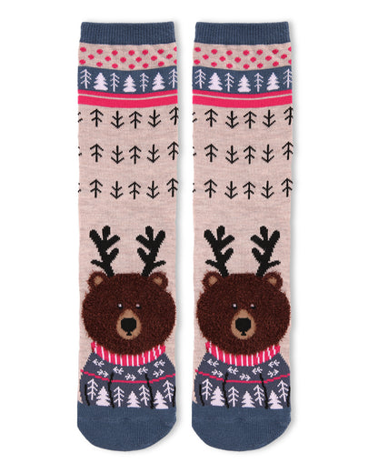 Women's Foot Pet Teddy Bear Crew Socks : Color: Oatmeal
