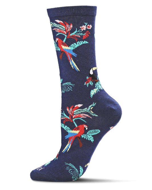 Tropical Parrots Bamboo Blend Crew Socks : Color: Navy