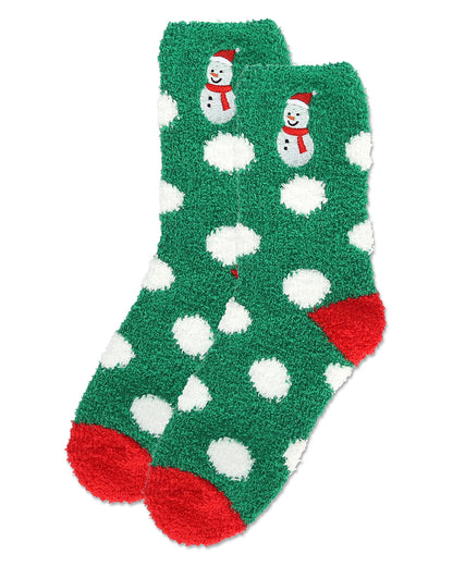 Women's Polka Dot Snowman Embroidery Cozy Crew Socks : Color: Green