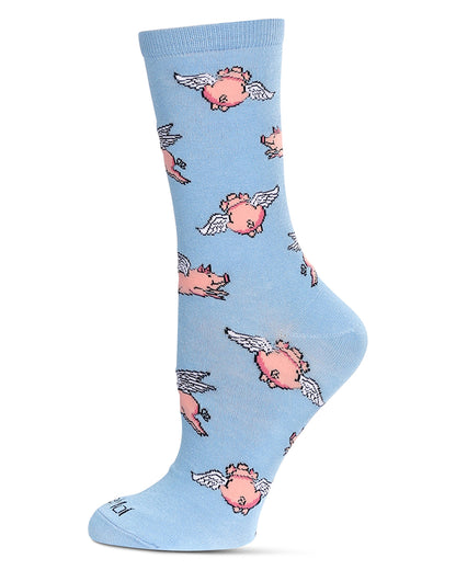Women's Flying Pigs Bamboo Crew Socks : Color: Light Blue