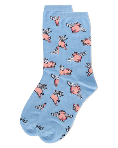 Women's Flying Pigs Bamboo Crew Socks : Color: Light Blue